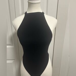 Black open back/cross back body suit